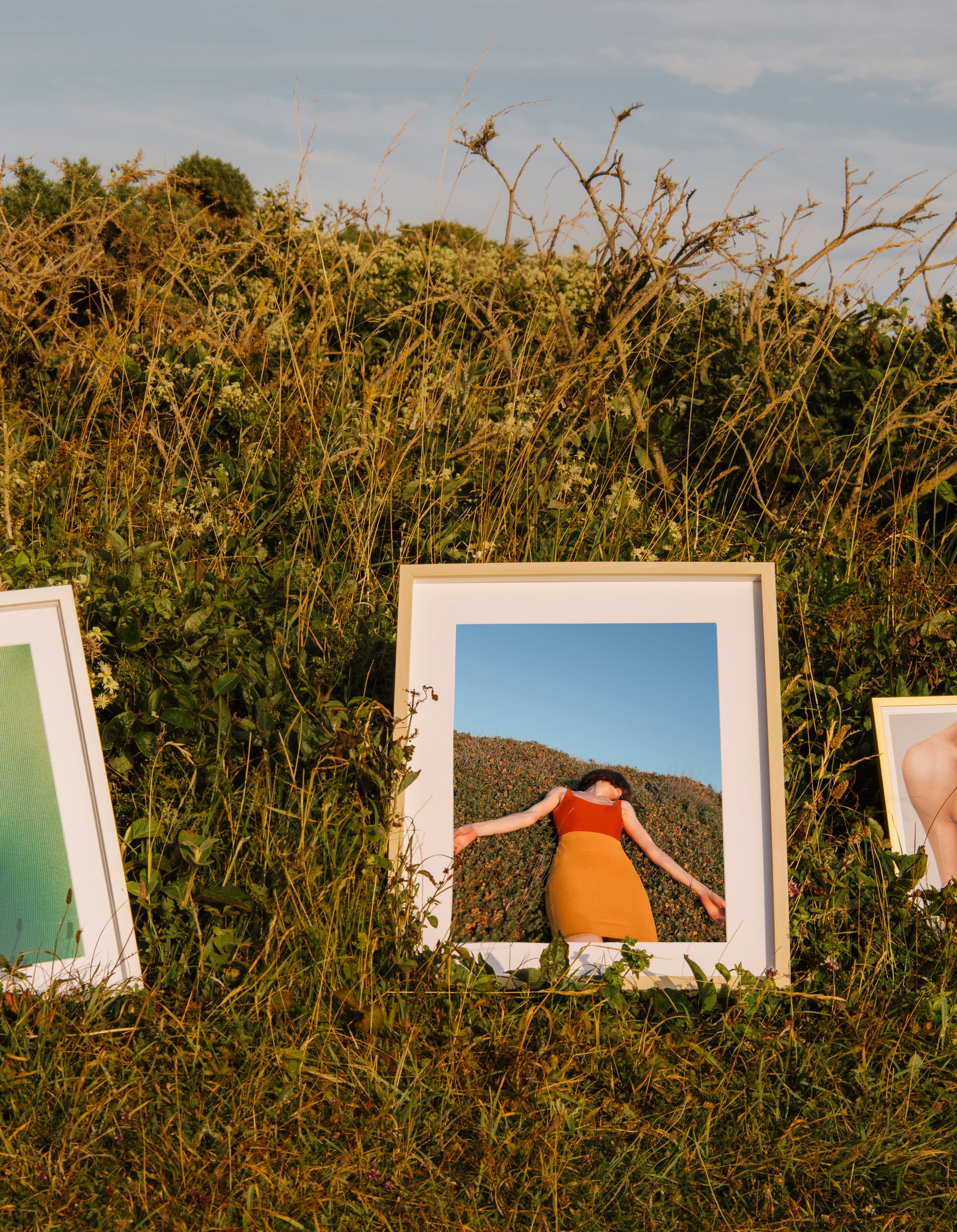 Wooden framed poster of a woman relaxing outdoors, on the ground, in the bushes.